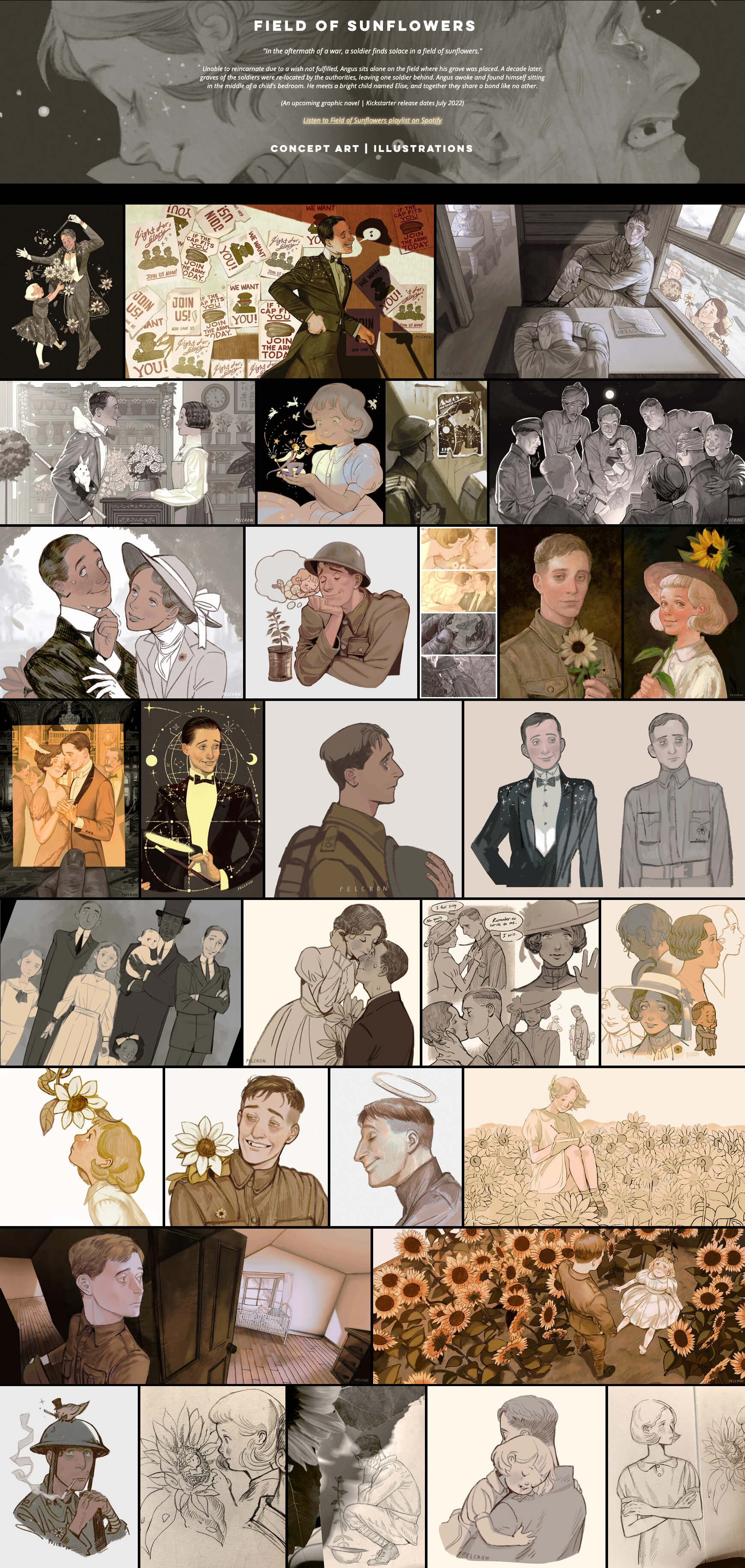 A collage of multiple immages from Yvette's graphic novel "FIeld of Sunflowers".