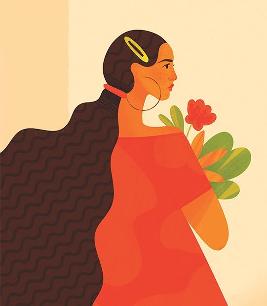 Maïa Faddoul digital illustration. A dark hair woman holding flowers.